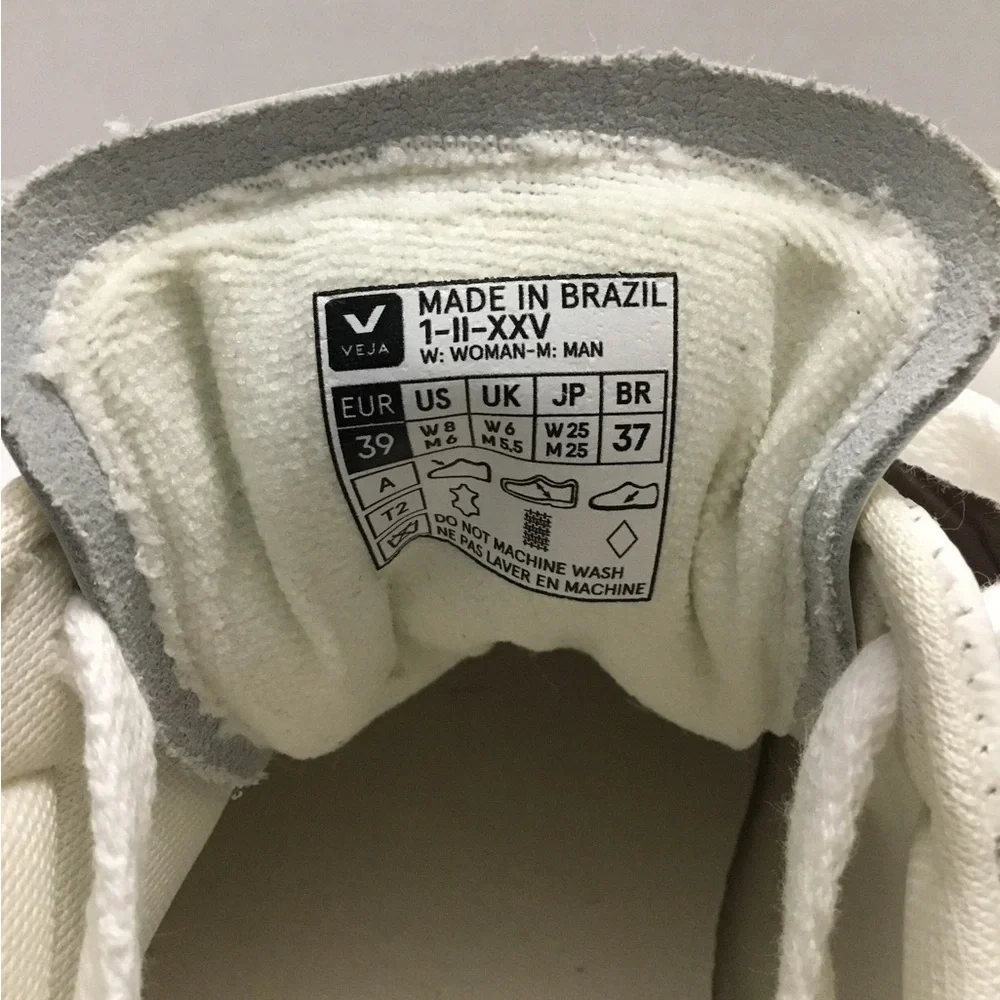 Veja White Sneakers with Green V Logo and Brown Sole
